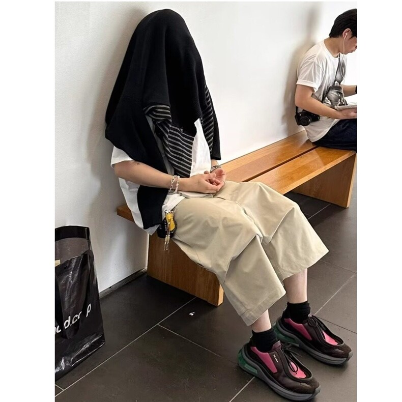 网图廓形褶皱弯刀七分裤男生夏季伐木工装休闲过膝短裤 GK15-P40图片