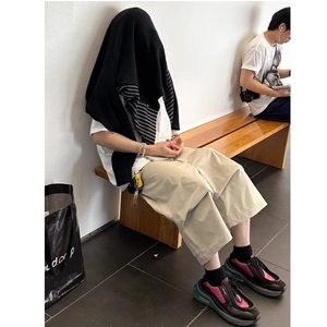 网图廓形褶皱弯刀七分裤男生夏季伐木工装休闲过膝短裤 GK15-P40图片