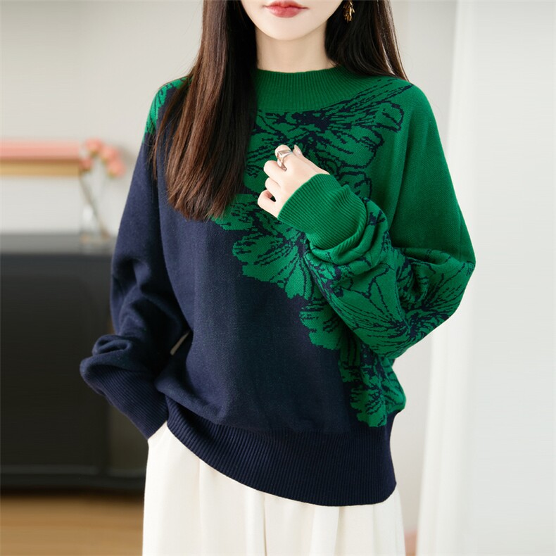 气质绿色提花拼色毛衣女2025秋冬新款加厚保暖打底针织衫百搭上衣,针织衫/毛衣,唐诺