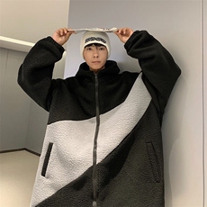 连帽运动外套男女冬季高街潮牌港风情侣羊羔毛拼色棉外套509/P45，男装棉衣，星座506