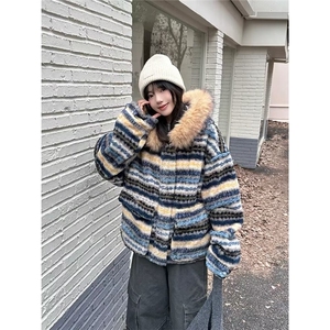 美式潮牌毛领加厚棉服可拆卸毛领蓝色2025冬季cleanfit保暖棉衣,男人短衣服搭配图片2015款图片