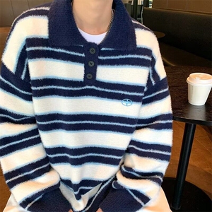 时尚貂毛拼色Polo领条纹毛衣男女简约秋冬季纽扣针织毛衫 M257图片