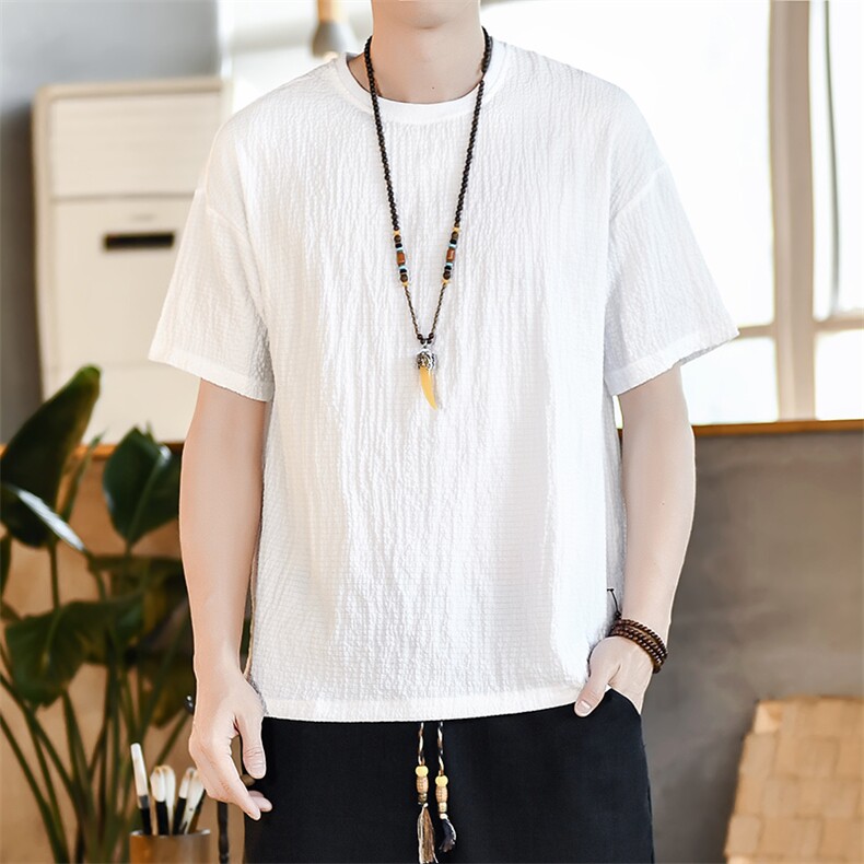 夏季圆领短袖T恤褶皱宽松打底体恤纯色轻薄透气A266-1-T40-P25，男装T恤，电商A266-1