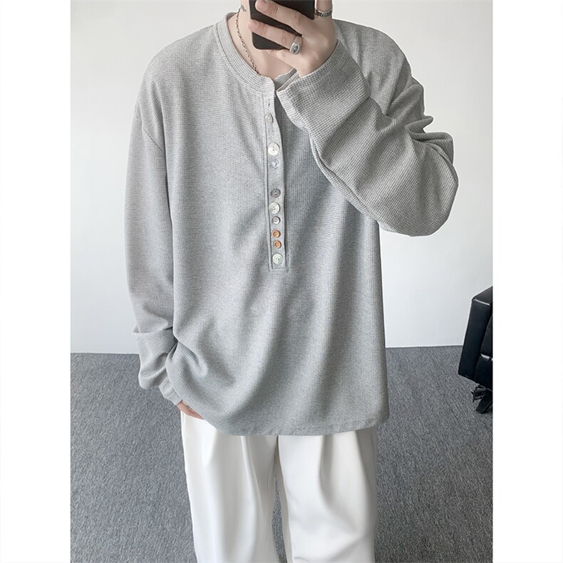 8XL-M 慵懒肌理感华夫格廓形云母贝纽扣长袖T恤打底长袖CX3006P48图片