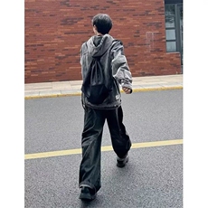 春秋美式街头嘻哈拼接牛仔夹克情侣水洗做旧宽松连帽外套机能风潮，男装夹克，星座506
