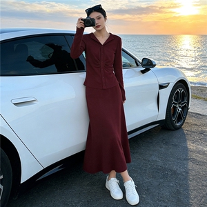 欧货休闲时尚套装裙女春款设计感修身褶皱长袖上衣半身长裙两件套图片