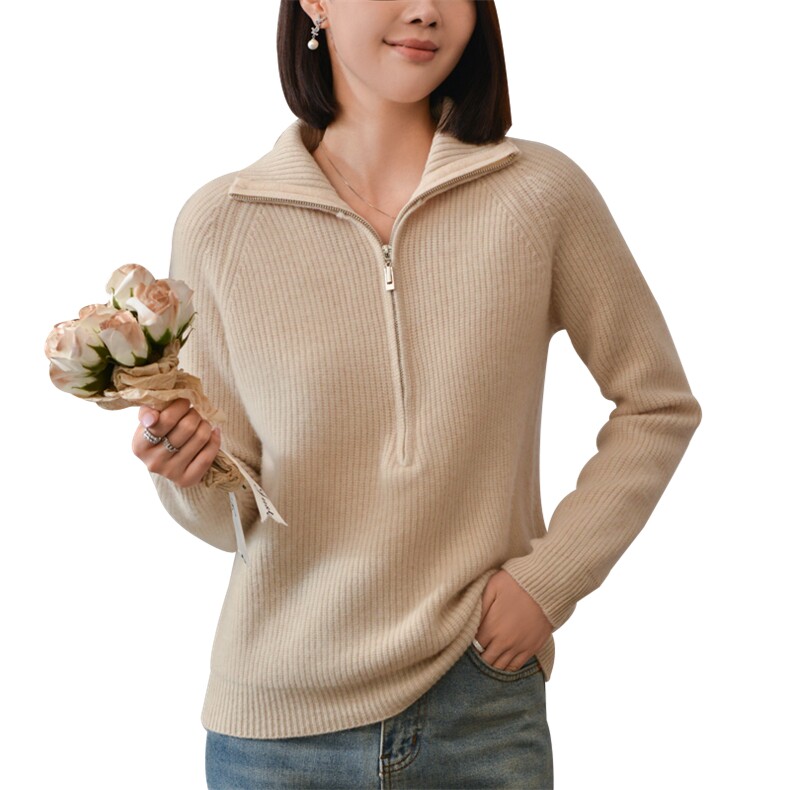 女士秋冬羊毛衫纯色简约拉链半开领羊毛,女装羊毛衫,忠诺羊绒