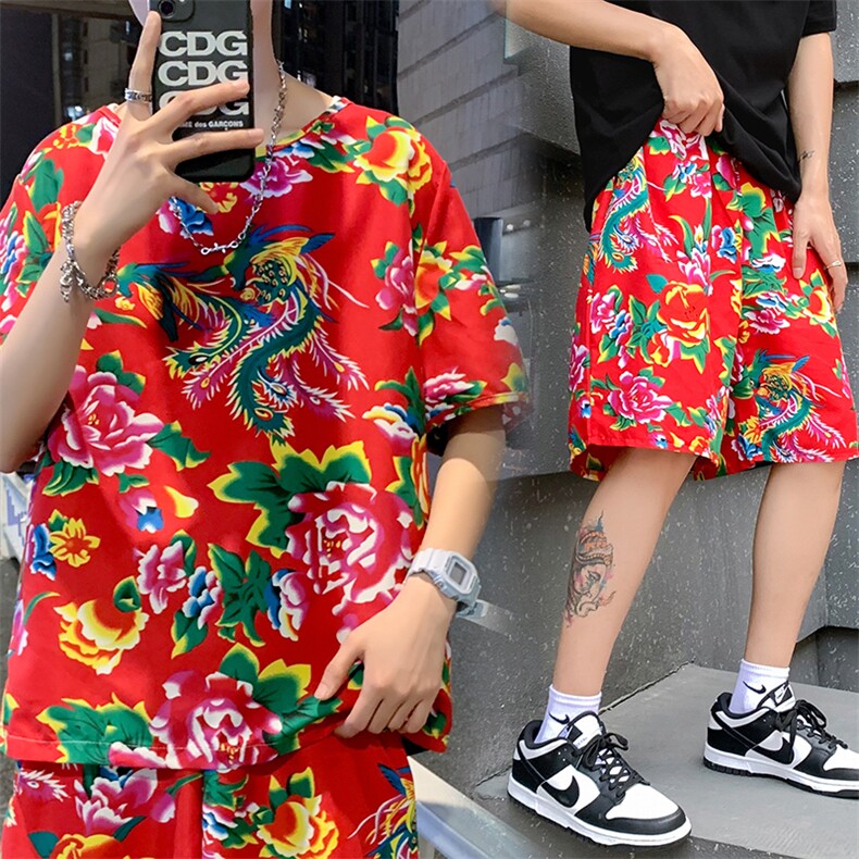 TZ203夏新款男士T恤短裤套装东北大花大码红色蓝色青年运动套装,男装休闲套装,星座115A(原星座507）