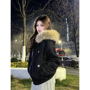 现货重磅boxy短款棉衣座山雕大毛毛领男女棉服水洗工装厚外套图片
