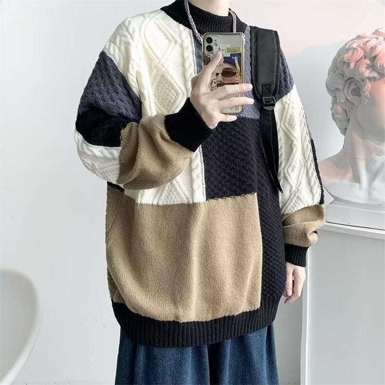 1506A/G7190/P44美式复古拼色针织衫外套男秋冬款麻花圆领毛衣1,男装针织衫/毛衣,星座1506A