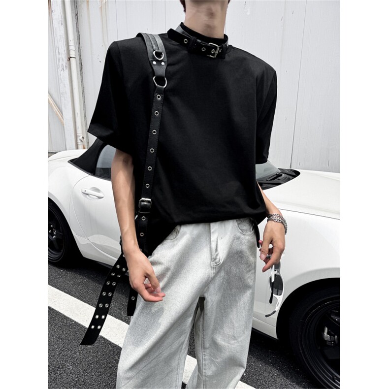 XZ1005-1-TTH0049-批价48控68-小众设计领口皮带垫肩短袖T恤,男装T恤,星座1005-1