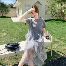 法式拼接休闲风法式灰色T恤裙气质森系夏季连衣裙蕾丝显瘦高腰，女装连衣裙，2B233