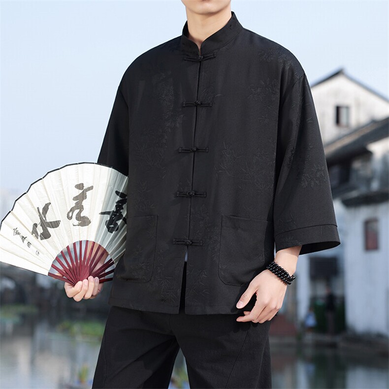 2025夏季新款男士风竹子提花衬衫宽松大码立领上衣CS2503-P70,男装衬衫,电商A008