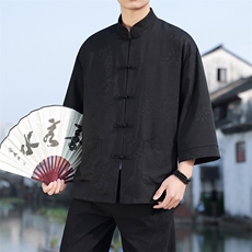 2025夏季新款男士风竹子提花衬衫宽松大码立领上衣CS2503-P70，男装衬衫，电商A008