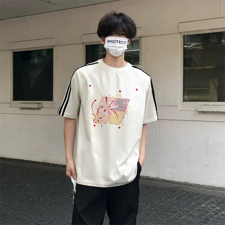 抖音得物高品质二开240克宽松纯棉美式潮牌三条杠织带短袖T恤,男装T恤,电商A486-1