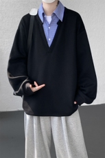 M-8XL假两件格子拼接衬衫领卫衣特大码重磅长袖V领上衣WY5112/P55，男装衬衫，电商B238