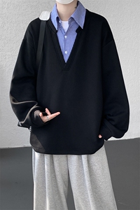 M-8XL假两件格子拼接衬衫领卫衣特大码重磅长袖V领上衣WY5112/P55图片