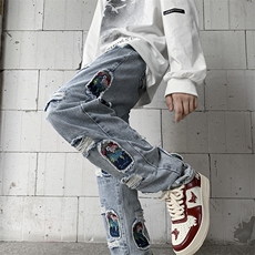 美式ins嘻哈色彩涂鸦小众破洞牛仔裤N03308-P78，男装牛仔裤，星座308B-1