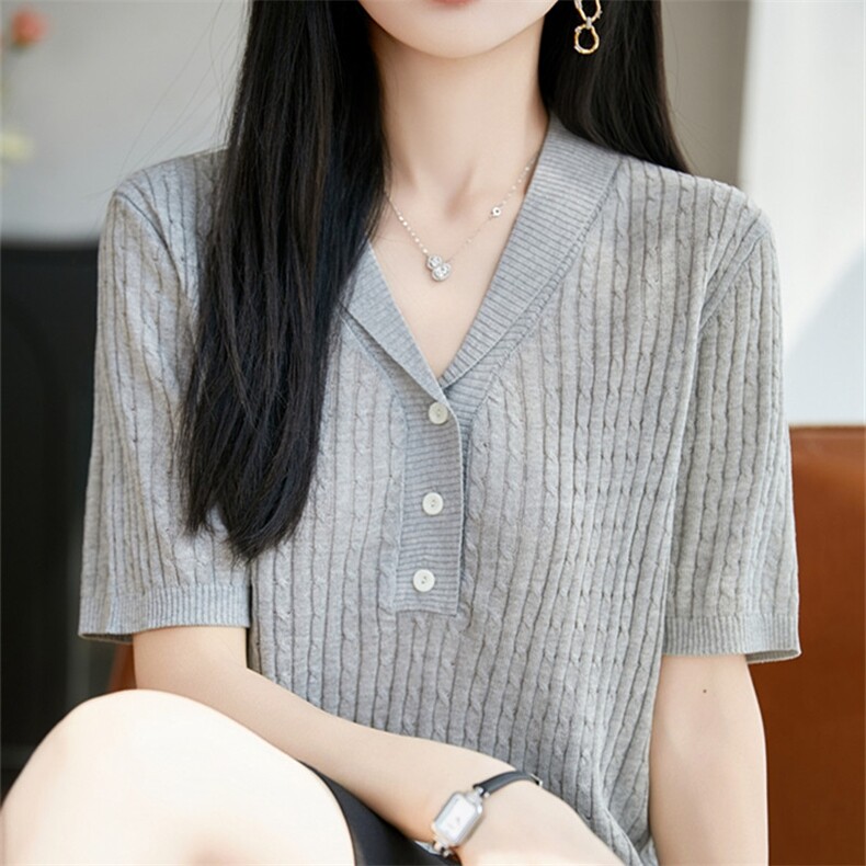 纽花针织T恤纯色纽扣短袖,女装T恤,枫宸羊绒