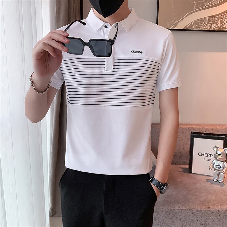 B216 PL19 P55 2025夏装新款男士条纹拼接短袖POLO衫上衣 店主风图片