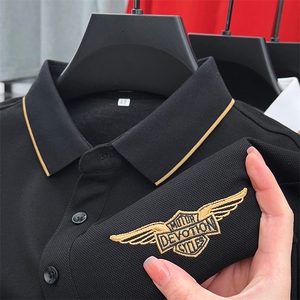 2023春秋新款男士长袖t恤丝光棉翻领宽松刺绣POLO打底衫男上衣服图片