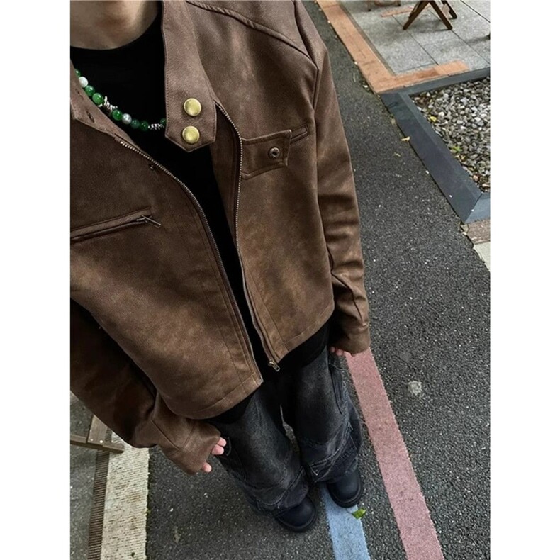 PU03-P65美式棕色pu皮衣外套男春秋季痞帅高级感机车服夹克,男装夹克,电商B323A