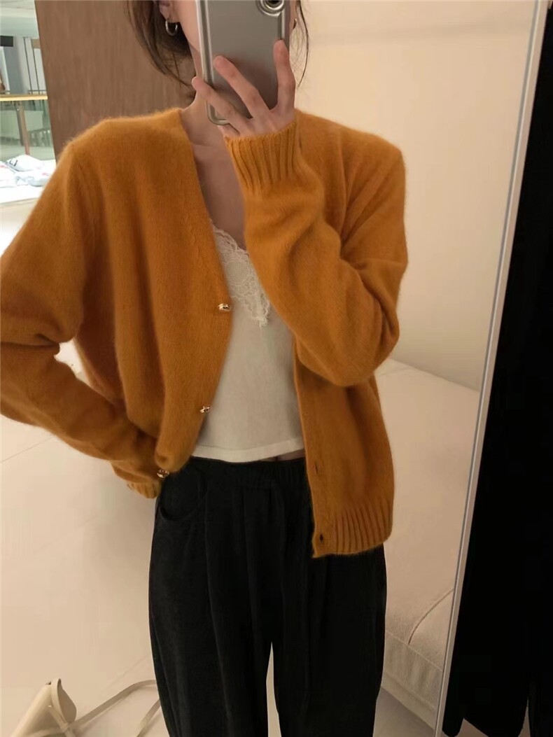 秋冬纯色V领长袖羊毛针织衫女韩版宽松时尚开衫,女装羊毛衫,恩泰羊绒