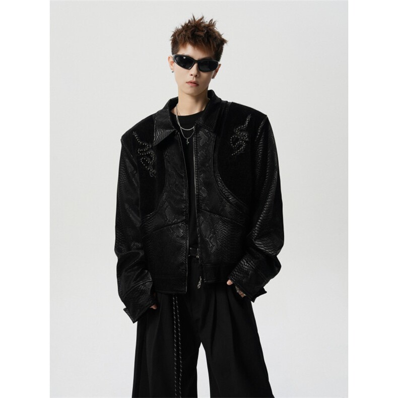 706-LK6962-P138现货原版品质秋季蛇纹皮铆钉刺绣pu皮夹克外套，男装夹克，星座706