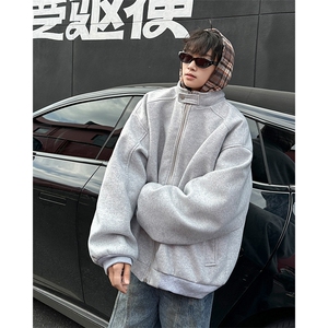 美式复古假两件格子连帽拉链夹克男女秋冬短款毛呢外套图片