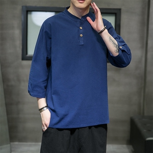 2025夏季新款风棉麻男装大码纯色短袖t恤男复古上衣T064-P45图片