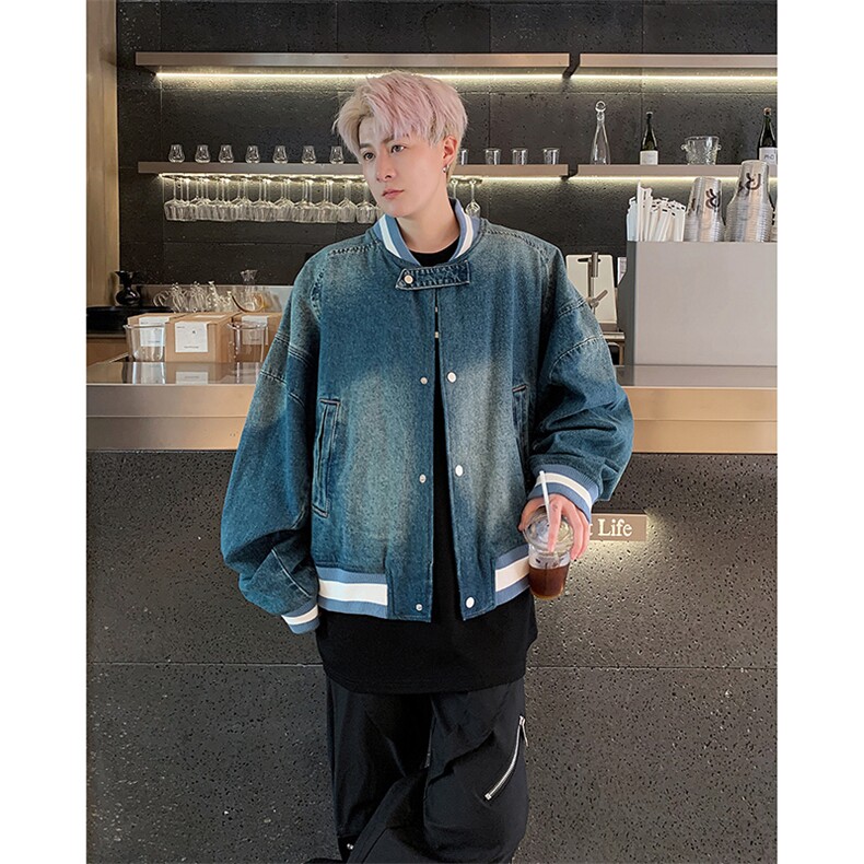 美式复古水洗宽松短款牛仔外套休闲百搭棒球服,男装工装外套,星座410-6（原星座1304-1）