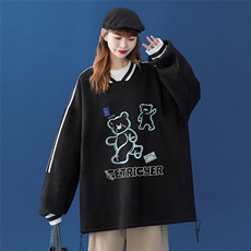 中性风2026秋季新款设计感小众小熊印花情侣圆领卫衣B03p55控68-，男装卫衣，A247A