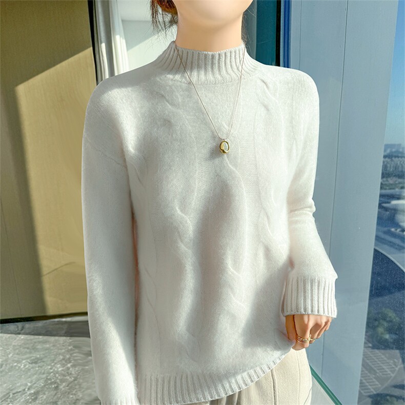 25秋冬半高领加厚提花100%纯羊毛衫女宽松长袖针织羊绒衫打底毛衣，女装羊毛衫，宇灿羊绒