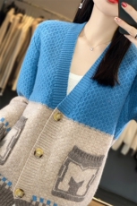 V领拼色100%纯羊毛开衫女秋冬加厚带兜针织外套宽松羊绒衫上衣，女装羊毛衫，蒙特羊绒