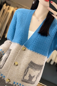 V领拼色100%纯羊毛开衫女秋冬加厚带兜针织外套宽松羊绒衫上衣图片