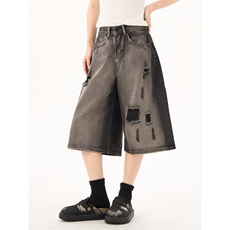 2383-P42欧美复古破洞牛仔短裤高街渐变做旧个性炸街休闲裤，女装牛仔裤，电商A306A