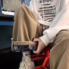 WASSUPHAPPY灯芯绒裤子男秋冬款宽松阔腿运动加绒裤直筒休闲长裤，男装休闲裤，星座506A