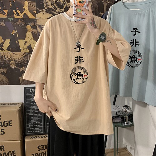 YT26070-P30 亚麻短袖t恤男大码五分袖男宽松七分袖 海报风图片