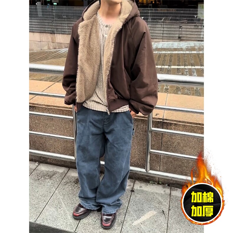 两面穿现货重磅短款座山雕棉衣男女双面穿毛毛绒棉服加厚外套,男装棉衣,电商A443