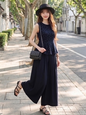 时尚无裙圆领小清新碎花小衫阔腿裤两件套气质优雅套装女，女装套装/套裙，水衣源