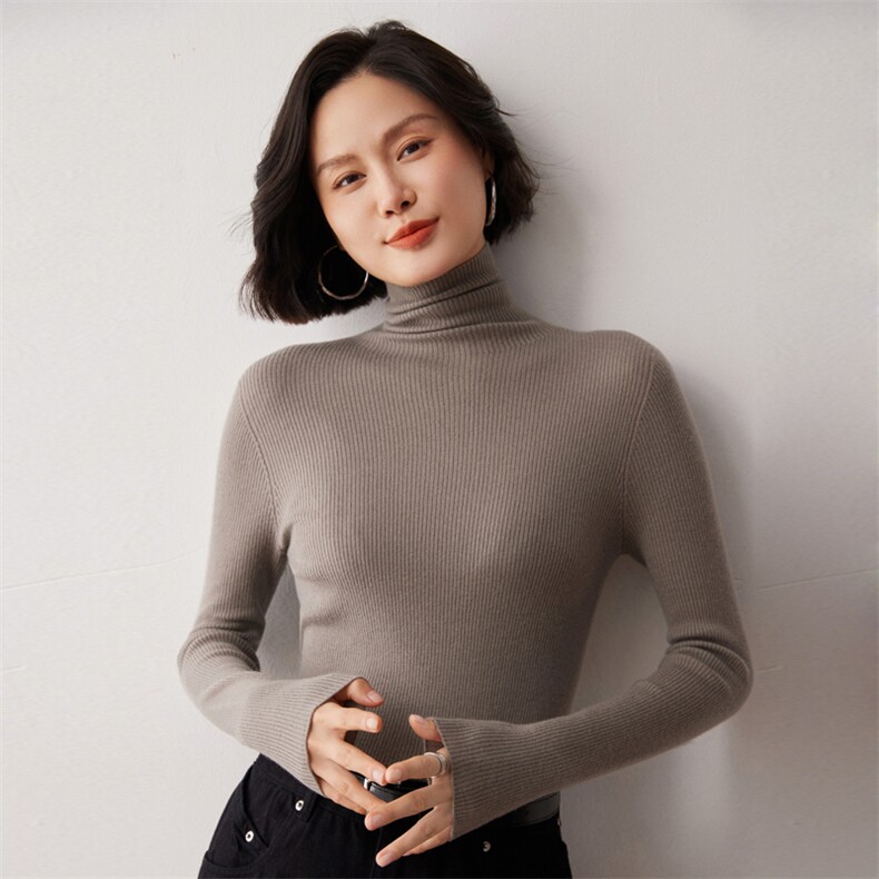 秋冬新款洋气时尚百搭显瘦女款精纺一线成衣高领35%羊绒衫,女装羊绒衫,艾巧羊绒