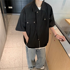 禁欲系古巴领衬衫男复古休闲宽松垂感长袖肌理感坑条衬衣，男装衬衫，星座716-3