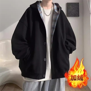 W305拼接格子连帽卫衣男加绒加厚韩版潮流开衫外套宽松图片