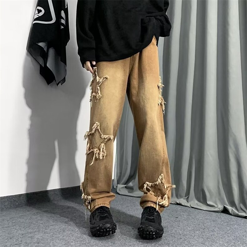 高街牛仔裤男韩版潮刺绣五角星2024春秋新款ins宽松长裤K3015-P50,男装牛仔裤,星座412
