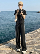 运动休闲套装女夏季新款时尚高级感修身显瘦短袖上衣直筒裤两件套，女装套装/套裙，江南