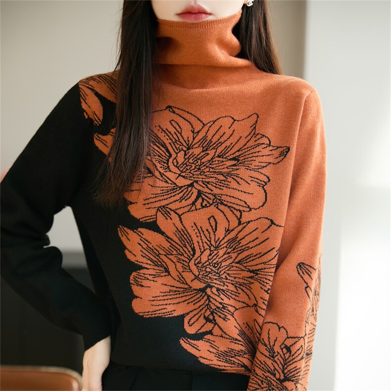 2025年秋季时尚百搭通勤简约休闲拼色提花堆堆领针织衫，女装针织衫/毛衣，郡淞羊绒