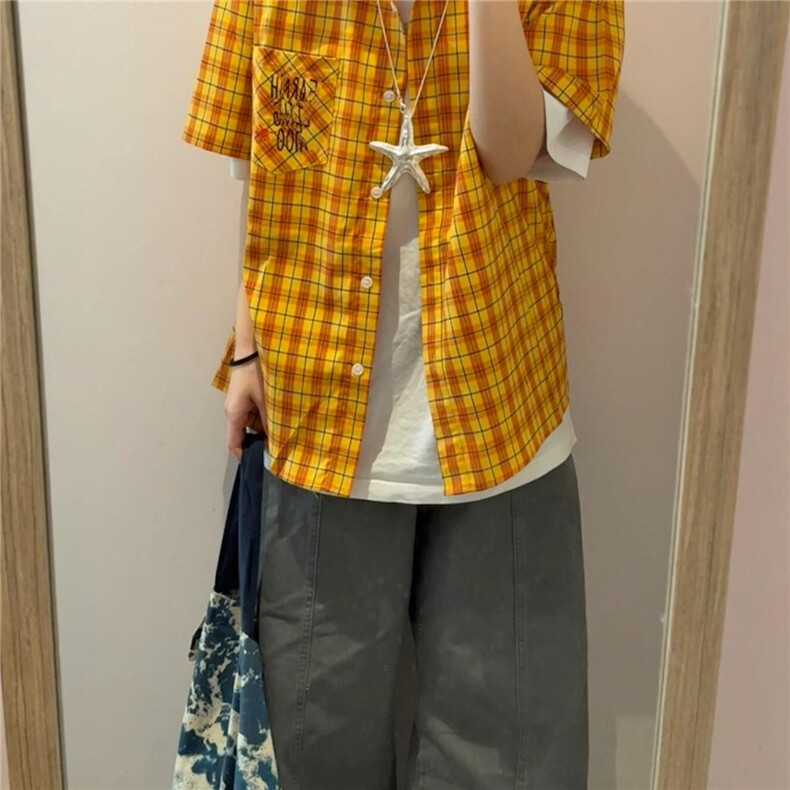 短袖格子衬衫女2025夏季新款设计感小众宽松休闲男女款撞色衬衣潮,男装衬衫,星座1210-1