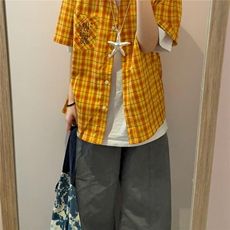 短袖格子衬衫女2025夏季新款设计感小众宽松休闲男女款撞色衬衣潮，男装衬衫，星座1210-1