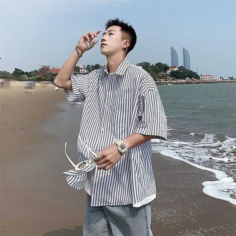 D555-P35新款条纹短袖衬衫男款潮牌痞帅外穿五分袖上衣-网图现货,男装衬衫,星座603-2