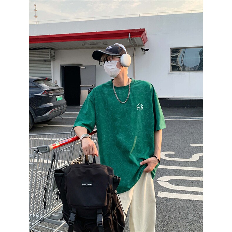 夏季美式重磅短袖t恤男潮流宽松做旧印花套头上衣情侣款休闲体恤,男装T恤,电商A007